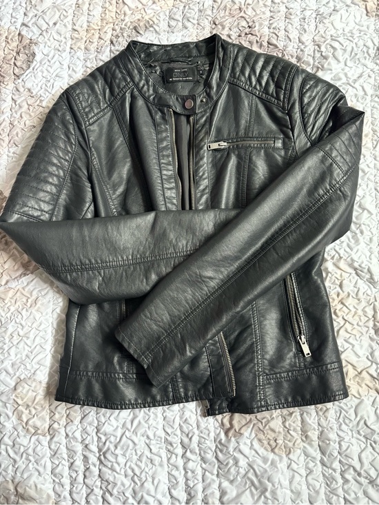 Only Jackets & Blazers - ONLY Black Faux Leather Moto Jacket with Quilted Shoulders